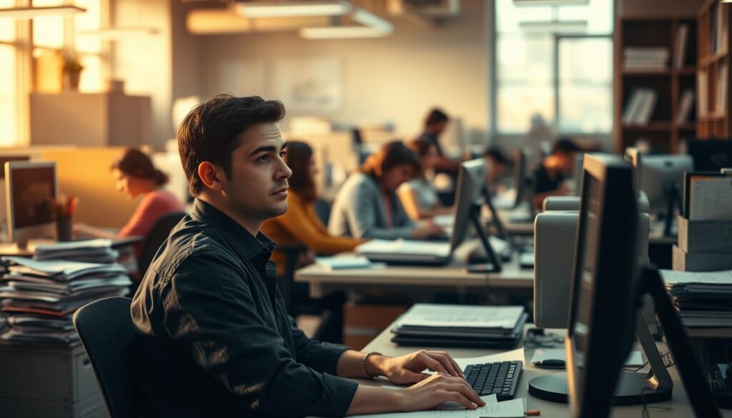 A busy office setting, with employees immersed in their tasks. In the foreground, a worker sits at a desk, surrounded by stacks of papers and a computer screen. They appear lost in thought, their expression reflecting the repetitive nature of their work. The middle ground features other desks, each occupied by a focused individual, their hands typing away. Warm, ambient lighting filters through the windows, casting a soft glow over the scene. The background showcases the office layout, with cubicles and shelves lining the walls, suggesting the scale and complexity of the organization. The mood is one of industrious concentration, hinting at the need to identify and optimize these repetitive workflows.