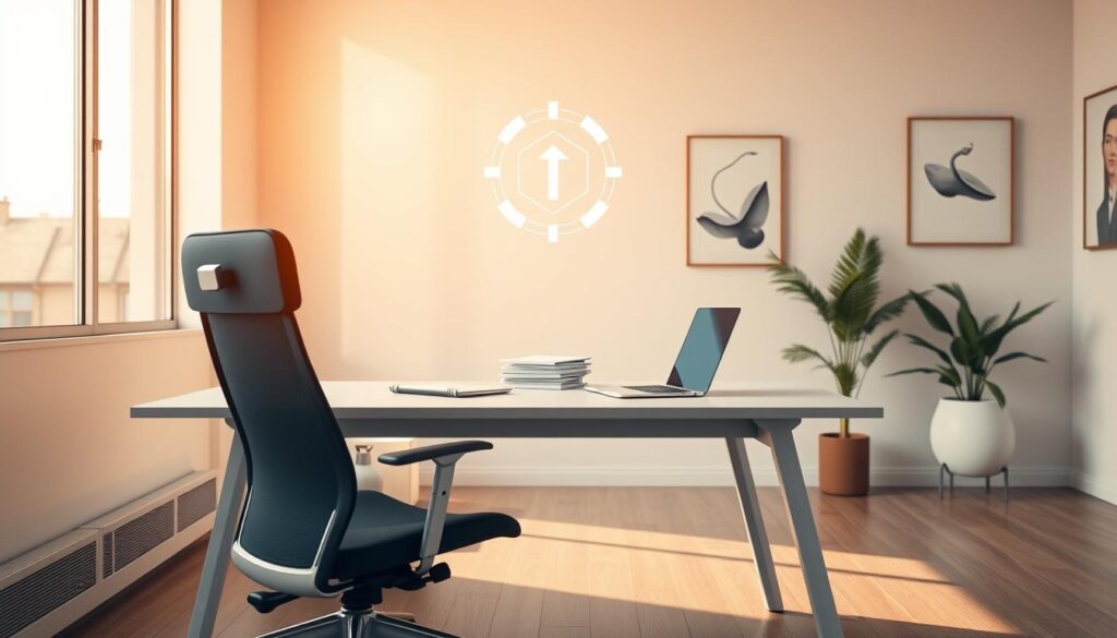 A modern, minimalist office interior with a sleek, ergonomic desk and chair. On the desk, a laptop, a neat stack of documents, and a stylized icon representing "customer management efficiency" floating above. The room is bathed in warm, natural lighting from a large window, creating a serene and productive atmosphere. The walls are adorned with subtle, abstract art pieces that complement the sophisticated design. The overall scene conveys a sense of organized, streamlined workflows and AI-powered productivity.