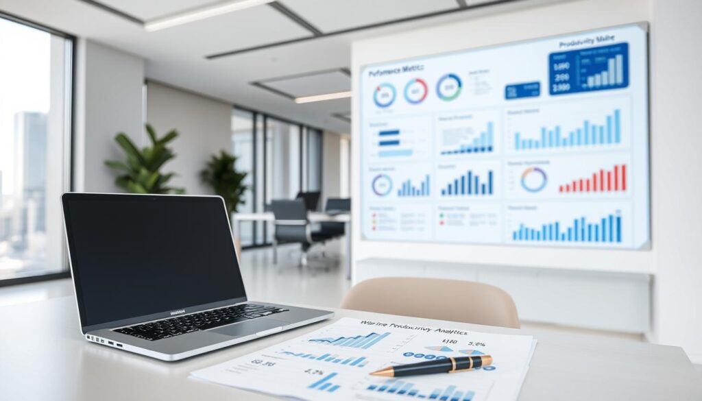 A modern office space with minimalist furniture and clean lines. In the foreground, a desk with a laptop, a pen, and a notepad displaying numerical data and charts. The middle ground features a large whiteboard or digital display showcasing performance metrics, KPIs, and productivity analytics. The background depicts a clean, well-lit environment with large windows overlooking a cityscape. The overall scene conveys a sense of efficiency, data-driven decision-making, and a focus on optimizing operational processes.