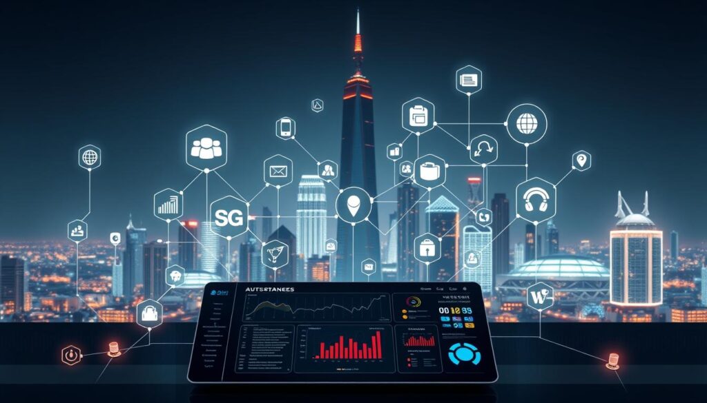 A seamless integration of various business applications, each represented by distinct icons, effortlessly connected through sleek, modern interfaces. The foreground features a central dashboard with intuitive controls, displaying real-time data and automation workflows. In the middle ground, a network of interconnected software modules, each illuminated by a soft, warm glow, symbolizing the seamless flow of information. The background depicts a minimalist, futuristic cityscape, with towering skyscrapers and glowing architecture, suggesting a world of advanced technological capabilities. The overall scene conveys a sense of efficiency, productivity, and the power of AI-driven automation to streamline business processes.