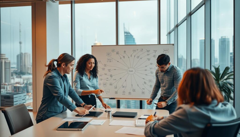 A team of professionals collaborating in a well-lit, spacious office. In the foreground, four individuals of diverse backgrounds huddled around a large table, gesturing animatedly and examining digital displays. In the middle ground, a whiteboard displays a web of interconnected ideas and concepts. The background features floor-to-ceiling windows overlooking a bustling cityscape, creating a sense of energy and productivity. Warm, diffused lighting casts a harmonious glow, and the camera angle slightly elevated to convey a sense of unity and shared purpose. The overall atmosphere is one of focused, cross-functional synergy.