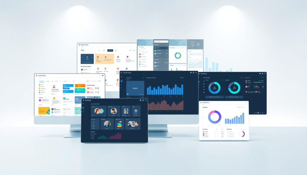 a digital workplace management platform in a clean, modern design, with multiple windows and interfaces showcasing various features such as project management, task scheduling, team collaboration, and data analytics dashboards, all set against a bright, minimalist background with soft lighting and a sense of productivity and efficiency.