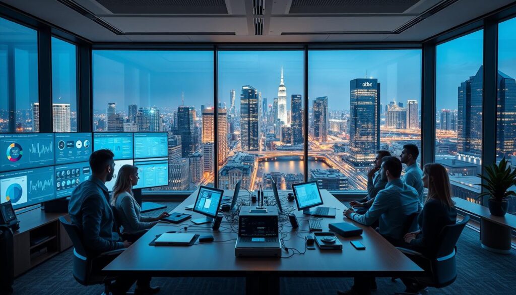 a wide, panoramic view of a modern office workspace, with a team of professionals strategizing and evaluating potential automation solutions. The foreground depicts a group of people gathered around a sleek conference table, intently discussing various digital dashboards and analytics displayed on large monitors. The middle ground showcases a network of interconnected devices and systems, symbolizing the integration of automated processes. The background features expansive windows overlooking a vibrant cityscape, creating a sense of an innovative, forward-thinking environment. The lighting is soft and warm, lending an atmosphere of focus and productivity. The camera angle is slightly elevated, providing an overview of the collaborative scene, emphasizing the evaluation of automation potential.