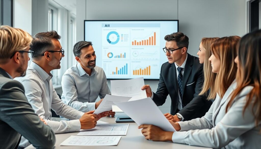 Business team evaluating AI consulting proposals Business team evaluating AI consulting proposals