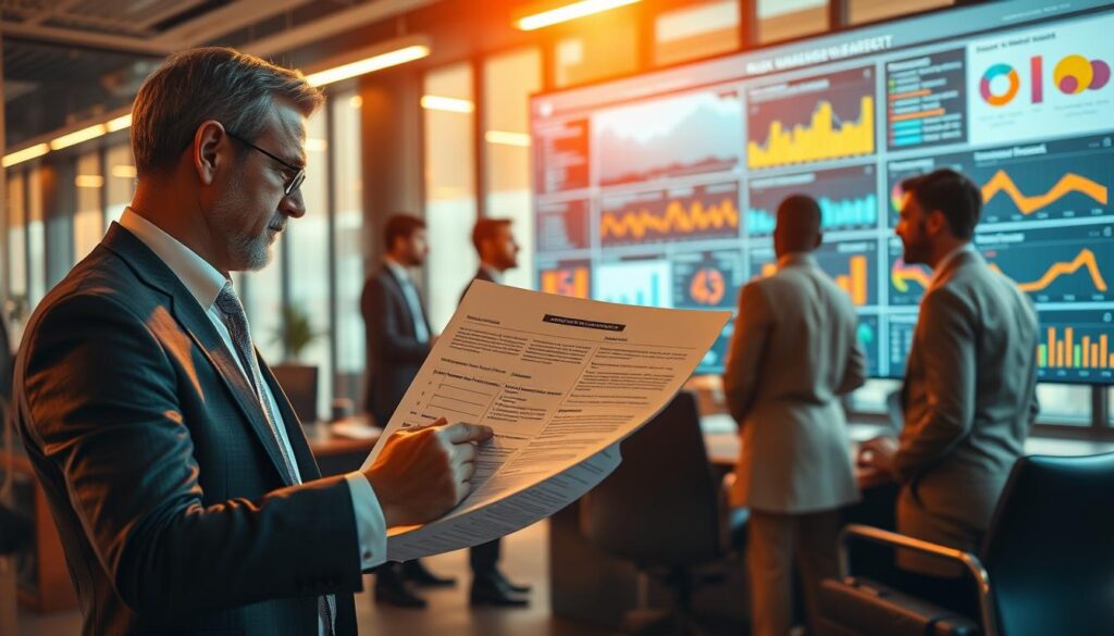 A bustling corporate office, bathed in warm, golden lighting. In the foreground, a businessperson reviews a detailed risk management strategy, meticulously outlining potential threats and corresponding mitigation plans. The mid-ground features a team collaborating, discussing data analytics and forecasting models to identify and quantify risks. In the background, a large interactive dashboard displays key performance indicators, heat maps, and risk profiles, guiding the decision-making process. The overall scene conveys a sense of strategic foresight, proactive risk management, and a commitment to safeguarding the organization's interests.