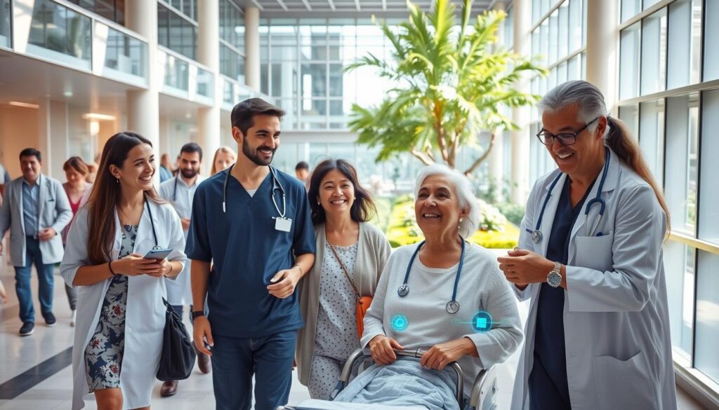 A bustling hospital campus with a modern, glass-fronted atrium. Patients and medical staff move with purpose, their faces radiating hope and determination. In the foreground, a family celebrates a successful recovery, their expressions brimming with gratitude. The middle ground showcases cutting-edge medical technology, doctors collaborating over holographic displays. In the background, a serene garden oasis provides a peaceful respite, with sunlight streaming through the windows. The scene captures the harmony of innovation, compassionate care, and positive outcomes that define healthcare success stories.