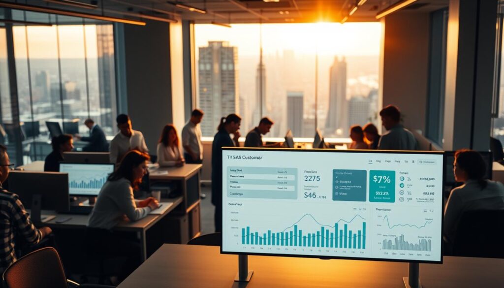 A bustling office interior, bathed in soft, warm lighting. In the foreground, a sleek, minimalist customer retention software dashboard takes center stage, its intuitive UI displaying a range of metrics and analytics. Surrounding it, a middle ground of collaborative workspaces, with teams of professionals intently reviewing customer data and strategizing retention tactics. In the background, a panoramic view of a vibrant cityscape, symbolizing the dynamic, fast-paced world of SaaS. The scene conveys a sense of efficiency, innovation, and a relentless focus on understanding and meeting the needs of customers.