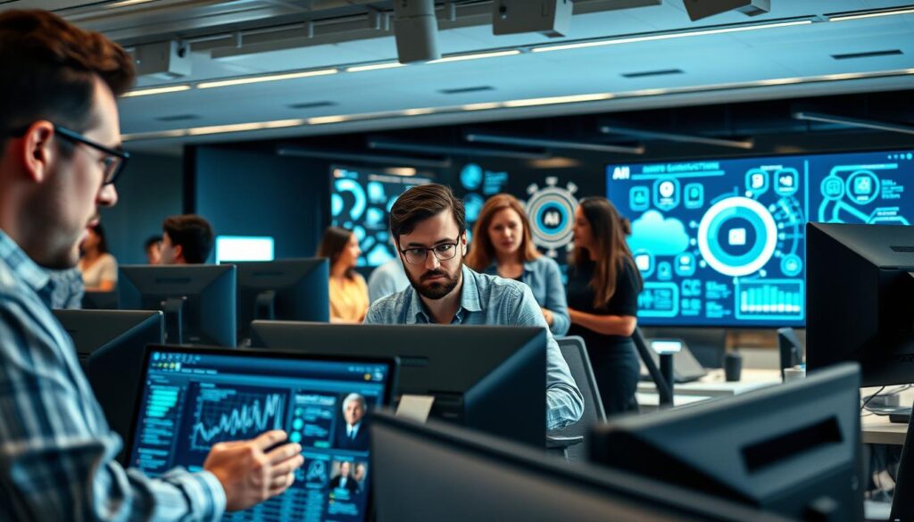 A bustling office setting, with a diverse team of professionals intently focused on their computer screens. In the foreground, a data analyst reviews intricate charts and graphs, while an engineer fine-tunes a complex algorithm. In the middle ground, a project manager coordinates with a marketing specialist, their animated discussion captured in a natural, candid moment. The background features state-of-the-art technology, from sleek workstations to a large, interactive display showcasing various AI-powered applications. Soft, directional lighting illuminates the scene, creating a sense of productivity and innovation. The overall atmosphere conveys the real-world impact of AI, with the team's dedication and the cutting-edge tools they employ.