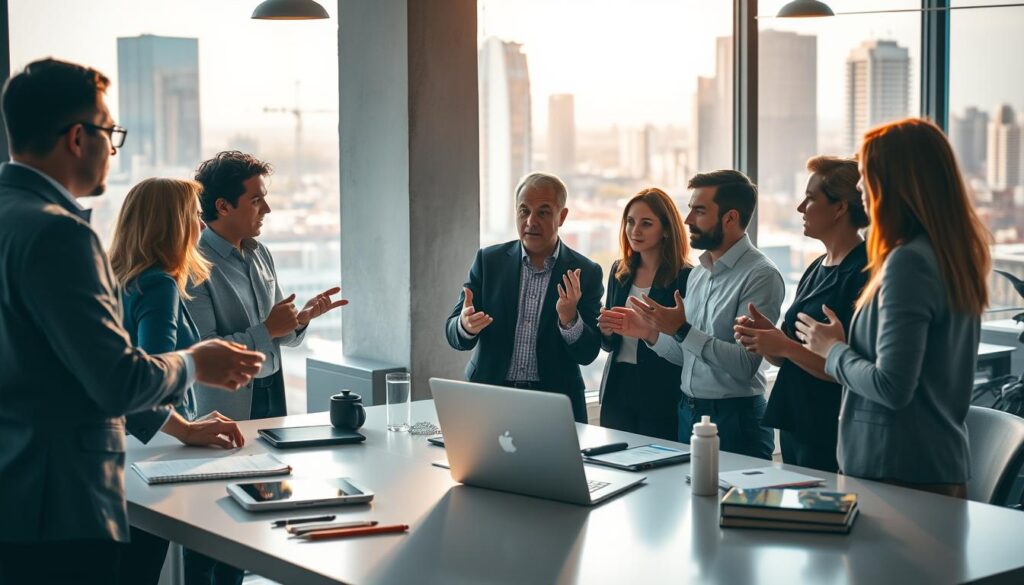 A bustling office space, illuminated by warm, natural lighting filtering through large windows. In the foreground, a group of professionals engaged in a lively discussion, gesturing animatedly as they brainstorm customer experience strategies. The middle ground features a sleek, minimalist desk with a laptop, tablet, and various office supplies, hinting at the analytical and technological aspects of the task at hand. In the background, a vibrant cityscape can be seen, symbolizing the dynamic and ever-evolving nature of the customer experience landscape. The overall atmosphere conveys a sense of collaborative innovation, with a focus on elevating the customer journey through the thoughtful application of AI-driven solutions.