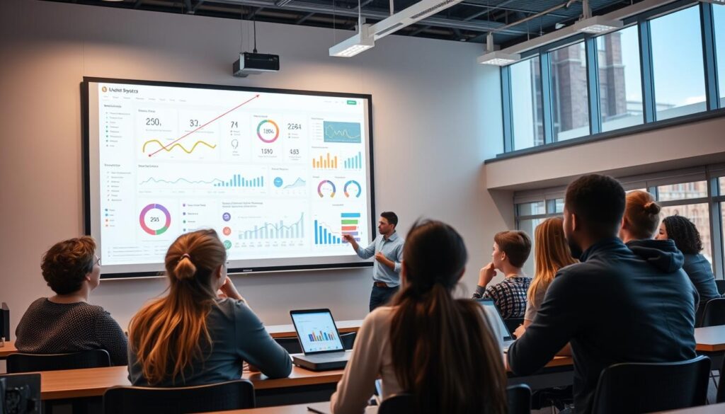 A classroom setting with a large projection screen displaying a comprehensive data visualization dashboard. In the foreground, a group of students and educators intently analyzing the insights and metrics presented, their expressions reflecting deep engagement and thoughtful discussion. The middle ground features a teacher leading the analysis, using a laser pointer to highlight key data points. The background showcases a modern, well-equipped educational facility with large windows, natural lighting, and cutting-edge technology. The overall atmosphere conveys a sense of collaborative learning, data-driven decision-making, and the transformative potential of AI-powered analytics in shaping student outcomes.