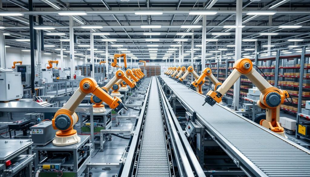 A clean, efficient factory floor with streamlined production lines. Gleaming metal machinery and robotic arms effortlessly assemble products, their movements precisely choreographed. The lighting is bright and uniform, casting an aura of productivity and order. In the background, a maze of conveyor belts and storage racks efficiently manage the flow of materials and finished goods. The overall scene conveys a sense of harmonious automation, where every component works in concert to optimize the manufacturing process.