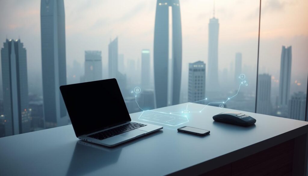 A clean, minimal workspace with a laptop, tablet, and smartphone arranged neatly on a sleek, minimalist desk. The devices are connected by glowing, holographic interface lines, representing seamless integration and data flow. The background is a serene, futuristic cityscape with towering skyscrapers and hazy, atmospheric lighting, conveying a sense of advanced, automated technology. The overall mood is one of efficiency, interconnectivity, and a streamlined approach to system integration.
