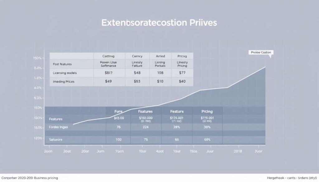 A crisp, clean infographic depicting a comprehensive pricing analysis for business solutions. In the foreground, a sleek line graph showcases the fluctuating costs of various enterprise software packages, with clear labeling and color-coded data points. In the middle ground, a comparative table highlights the features, licensing models, and per-user pricing of leading industry players. The background features a subtle grid pattern and muted color palette, creating a professional, data-driven atmosphere. The overall composition conveys a sense of informed decision-making, guiding the viewer through the nuanced landscape of business technology investments.