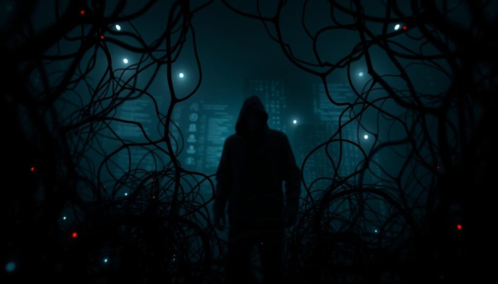 A dark, foreboding scene depicting AI security vulnerabilities. In the foreground, a tangled web of ominous-looking code and data streams, hinting at the complexities and risks of AI systems. In the middle ground, a shadowy figure, possibly a hacker, lurking amidst the digital chaos. The background is shrouded in an eerie, ominous atmosphere, with hints of the far-reaching consequences of AI security breaches. The lighting is dramatic, casting deep shadows and highlighting the sense of danger and unease. The overall mood is one of tension, vulnerability, and the urgent need for advanced AI-powered security measures to combat these threats.