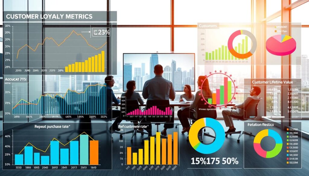 A detailed and colorful infographic showcasing key customer loyalty metrics against a backdrop of a modern, minimalist office setting. In the foreground, various data visualizations such as line graphs, bar charts, and pie charts illustrate metrics like customer retention rate, repeat purchase rate, and customer lifetime value. The middle ground features a sleek, glass-walled conference room where a team of data analysts and business strategists review the metrics on a large, wall-mounted display. The background depicts an urban skyline visible through the windows, conveying a sense of a thriving, technology-driven business environment. Bright, natural lighting filters in, creating a professional, yet warm atmosphere. The overall composition strikes a balance between analytical rigor and strategic decision-making.