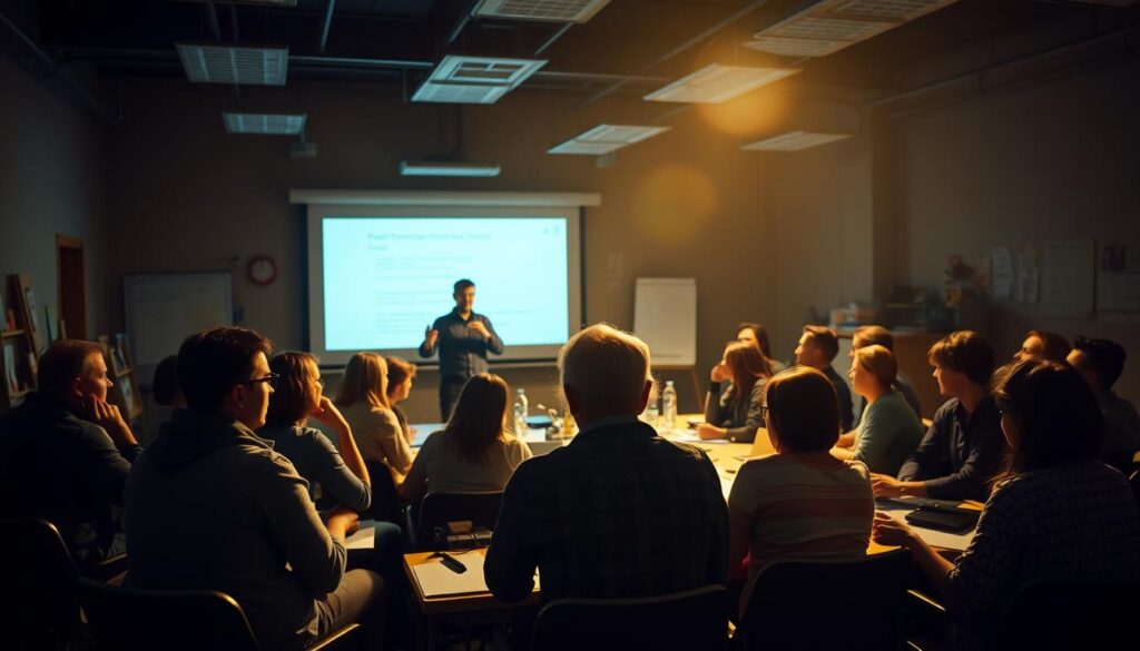 A dimly lit classroom filled with engaged educators, gathered around a central table, intently focused on a presentation displayed on a large screen. The scene is bathed in a warm, soft light, creating an atmosphere of thoughtful contemplation. In the foreground, a facilitator stands, gesturing with a pointer, guiding the discussion. Scattered throughout the room, various educational resources and teaching aids suggest an environment dedicated to professional development and continuous learning. The overall mood conveys a sense of collaborative exploration, where innovative teaching strategies and emerging technologies are being thoughtfully considered to empower and uplift the educational community.
