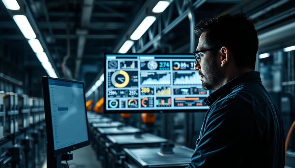 A dimly lit, industrial factory floor with rows of gleaming metal machinery. In the foreground, a technician intently examines a computer screen displaying intricate data visualizations and charts, their expression focused as they analyze real-time quality metrics. Overhead, LED lighting casts a cool, analytical glow, while the background reveals the faint silhouettes of robotic arms and conveyor belts, hinting at the data-driven automation at work. The scene conveys a sense of precision, efficiency, and the seamless integration of human expertise and intelligent technology in the pursuit of manufacturing excellence.