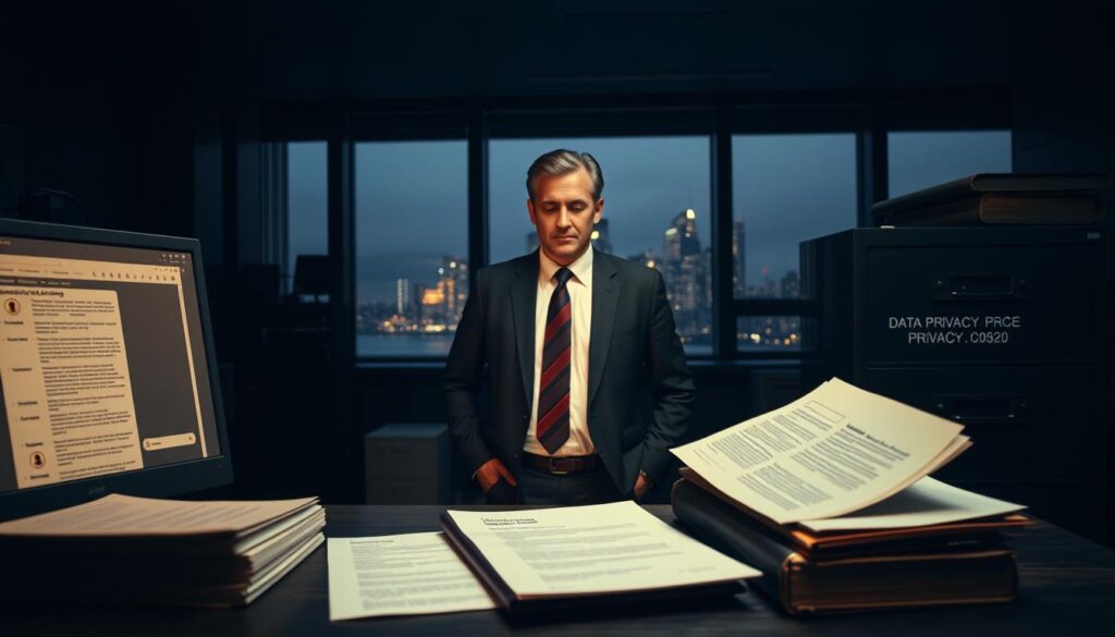 A dimly lit office space, the air thick with the weight of data privacy compliance. In the foreground, a desk adorned with a stack of legal documents, a computer monitor displaying encryption protocols, and a sturdy filing cabinet symbolizing the secure storage of sensitive information. Soft, warm lighting casts a subtle glow, creating an atmosphere of professionalism and diligence. In the middle ground, a person in a tailored suit, their expression one of focused concentration, signifying the importance of upholding data privacy standards. The background features a panoramic window overlooking a cityscape, a subtle reminder of the global reach and impact of data privacy regulations. The overall scene conveys a sense of responsibility, attention to detail, and a commitment to ethical data management practices.