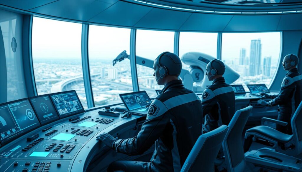 A futuristic command center with a seamless blend of human operators and intelligent automation systems. The foreground features a curved control panel with holographic displays, knobs, and touchscreens. Operators in sleek uniforms monitor real-time data and coordinate autonomous processes. The middle ground showcases robotic arms and autonomous vehicles performing tasks with precision and efficiency. In the background, a panoramic window offers a view of a bustling cityscape, hinting at the broader context of this advanced operations hub. The scene is bathed in a cool, blue-tinted lighting, creating a sense of technological sophistication and forward-thinking.