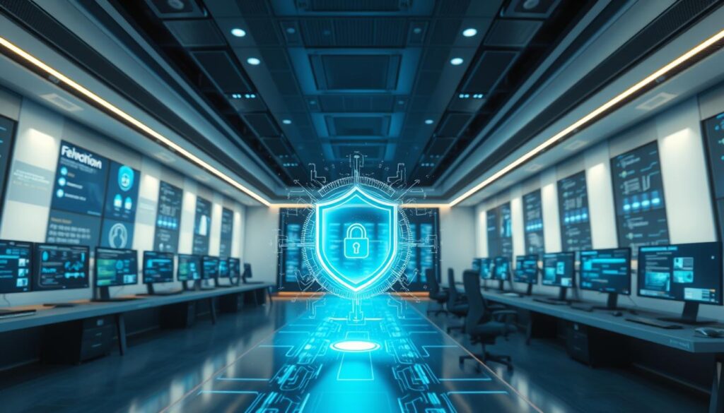 A futuristic cybersecurity command center, with a sleek and minimalist design. In the foreground, a holographic display showcases a secure network infrastructure, protected by advanced AI-powered algorithms. The middle ground features an array of high-resolution monitors, each displaying real-time threat analysis and proactive mitigation strategies. In the background, a vast data center hums with the power of quantum computing, analyzing vast troves of security data to uncover hidden vulnerabilities. Soft, ambient lighting casts a serene glow, while the overall atmosphere conveys a sense of control, efficiency, and unwavering vigilance against digital threats.