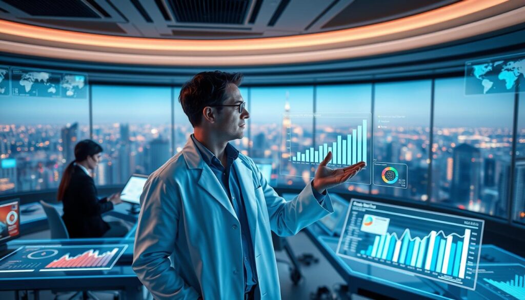 A futuristic office setting, filled with holographic displays and AI-driven analytics dashboards. In the foreground, a data scientist in a sleek white lab coat, gesturing towards a visualization of customer retention metrics. Behind them, a team of business analysts poring over reports, their faces illuminated by the soft glow of the screens. The background features a panoramic view of a bustling city skyline, hinting at the global reach of the SaaS platform. The overall atmosphere conveys a sense of innovation, efficiency, and a deep understanding of customer behavior, all powered by the latest advancements in artificial intelligence.