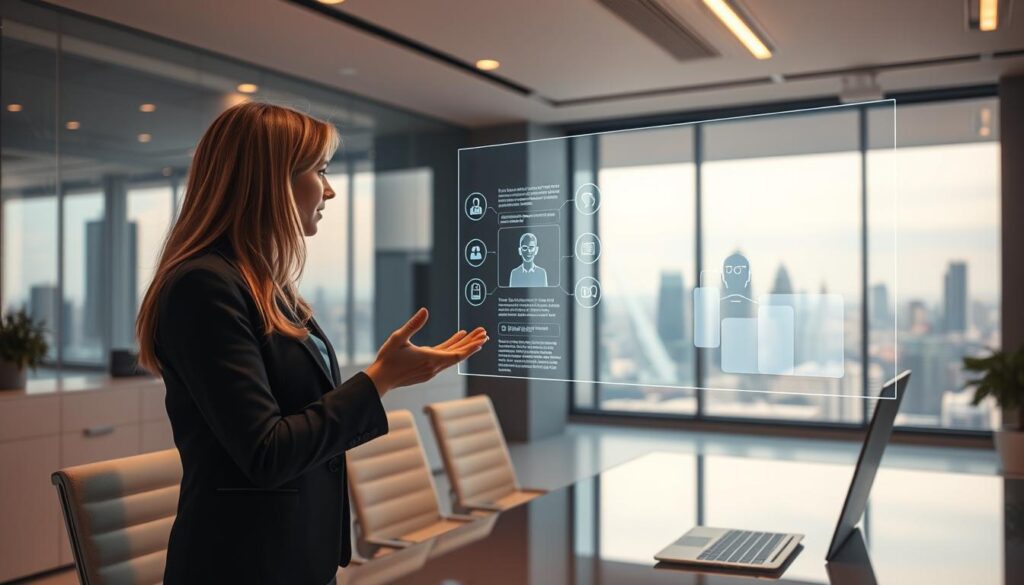 A futuristic office setting with a holographic digital assistant projected in the foreground, seamlessly interacting with a businesswoman in a sleek, minimalist workspace. The assistant appears lifelike, gesturing intuitively as it provides information and recommendations. Warm, directional lighting illuminates the scene, creating depth and emphasizing the cutting-edge technology. The background features a panoramic city skyline, hinting at the assistant's vast knowledge and capabilities. The overall mood is one of efficiency, innovation, and an enhanced customer experience through the power of AI.