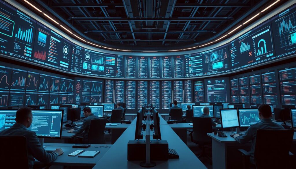A highly efficient AI cybersecurity command center, with a panoramic display showcasing real-time security metrics and threat intelligence. Sleek, minimalist workstations are manned by focused analysts, their faces illuminated by the glow of multiple screens. In the background, a towering data center hums with the energy of machine learning algorithms, continuously monitoring and adapting to evolving cyber threats. Soft, directional lighting casts dramatic shadows, creating a sense of urgency and purpose. The overall atmosphere conveys the seamless integration of human expertise and machine efficiency, optimizing the security posture of the organization.