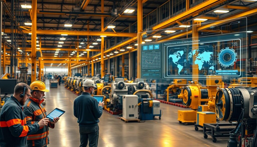A large industrial factory floor, bathed in warm overhead lighting. In the foreground, a team of technicians closely inspect various machinery, using tablet computers and diagnostic tools. In the middle ground, a network of interconnected IoT sensors and cameras monitor the equipment, feeding real-time data to a central dashboard. In the background, a holographic projection displays predictive maintenance models, forecasting potential failures and optimizing maintenance schedules. The atmosphere is one of precision, efficiency, and a sense of proactive control over the production process.