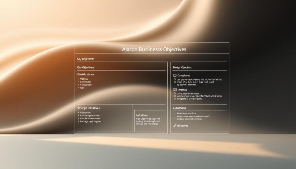 A meticulously crafted business objectives framework, depicted in a sleek and modern style. The foreground showcases a minimalist wireframe layout with neatly organized sections, highlighting key objectives, metrics, and strategic initiatives. The middle ground features a fluid, abstract background in muted tones, creating a sense of depth and sophistication. Subtle lighting casts a warm glow, accentuating the clean lines and geometric shapes. The overall composition conveys a professional, data-driven approach to business transformation, perfectly suited to illustrate the "Identifying and Defining Key Business Objectives" section of the article.