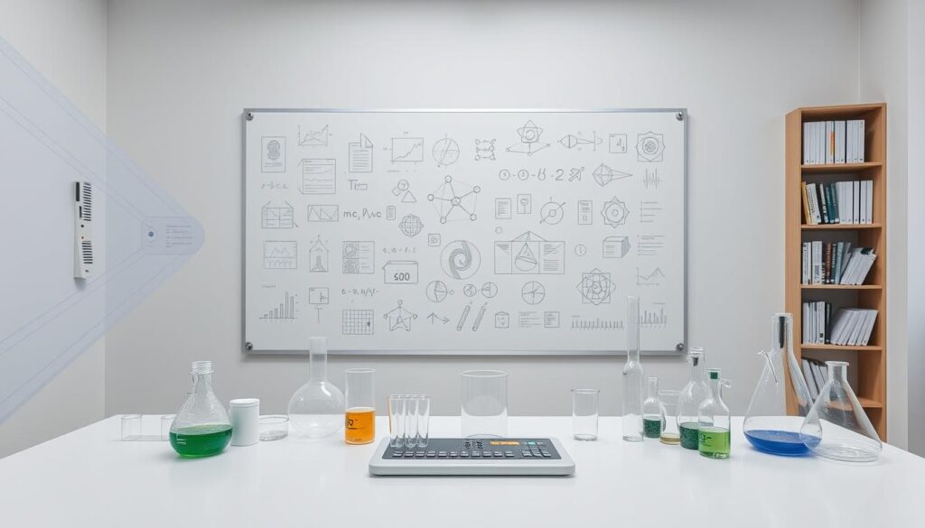A meticulously designed experiment framework, featuring a sleek and modern aesthetic. In the foreground, a clean white table holds an array of scientific instruments and tools, including beakers, test tubes, and a digital display showcasing experimental data. The middle ground is dominated by a large, minimalist whiteboard, its surface covered in intricate diagrams, formulas, and sketches, all illuminated by a soft, diffused lighting. In the background, a wall-mounted bookshelf houses a collection of reference materials and technical manuals, creating a sense of intellectual rigor and attention to detail. The overall atmosphere conveys a sense of scientific inquiry, precision, and the systematic exploration of new possibilities.