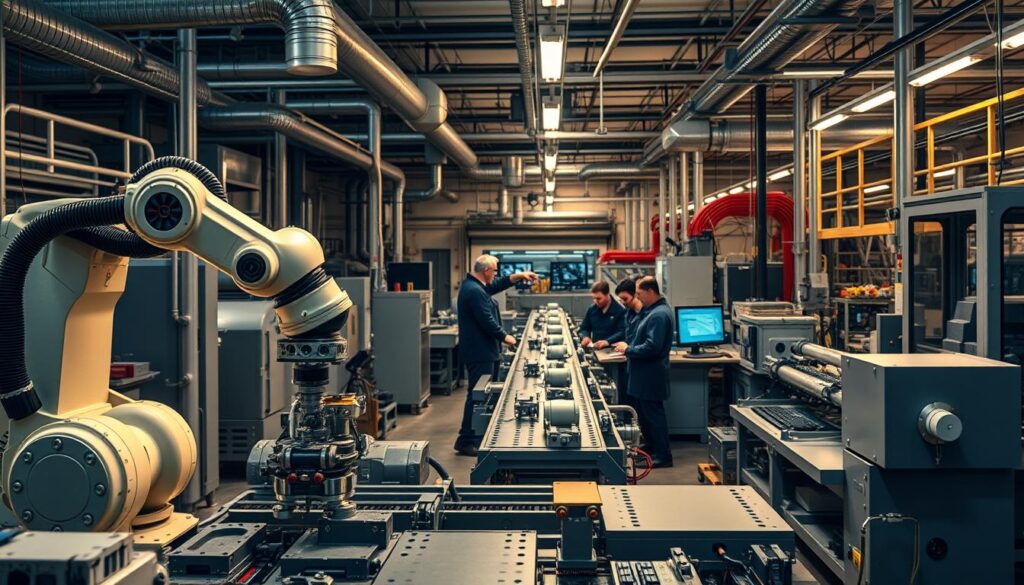 A modern, state-of-the-art manufacturing facility, showcasing a range of custom solutions. In the foreground, a robotic arm meticulously assembles intricate components, its movements choreographed with precision. In the middle ground, a team of engineers closely monitors a computer-controlled production line, adjusting parameters to optimize efficiency. The background is filled with a maze of pipes, vents, and high-tech machinery, all bathed in a warm, industrial lighting that casts dramatic shadows. The overall atmosphere conveys a sense of technological prowess, innovative problem-solving, and a relentless pursuit of manufacturing excellence.