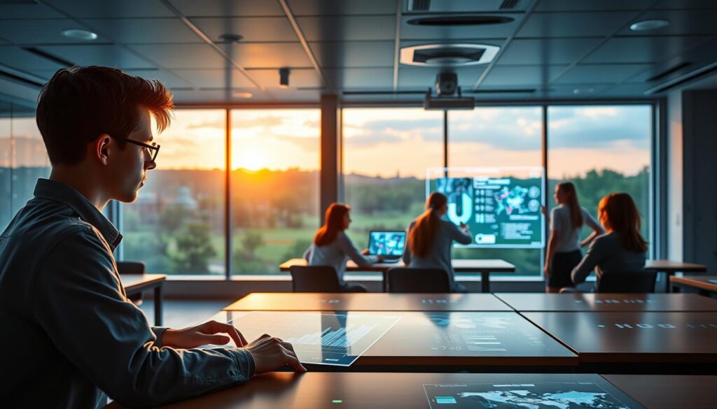 A serene, futuristic classroom filled with holographic displays and data visualizations. In the foreground, a student intently studies a predictive analytics model projected onto their desk, their face illuminated by the soft glow of the display. In the middle ground, a group of students collaborate on a shared virtual whiteboard, their movements captured by motion-tracking cameras. The background features panoramic windows overlooking a verdant, technologically-advanced campus, bathed in the warm light of a setting sun. The overall atmosphere conveys a sense of innovation, discovery, and a deep commitment to leveraging data and technology to empower student success.