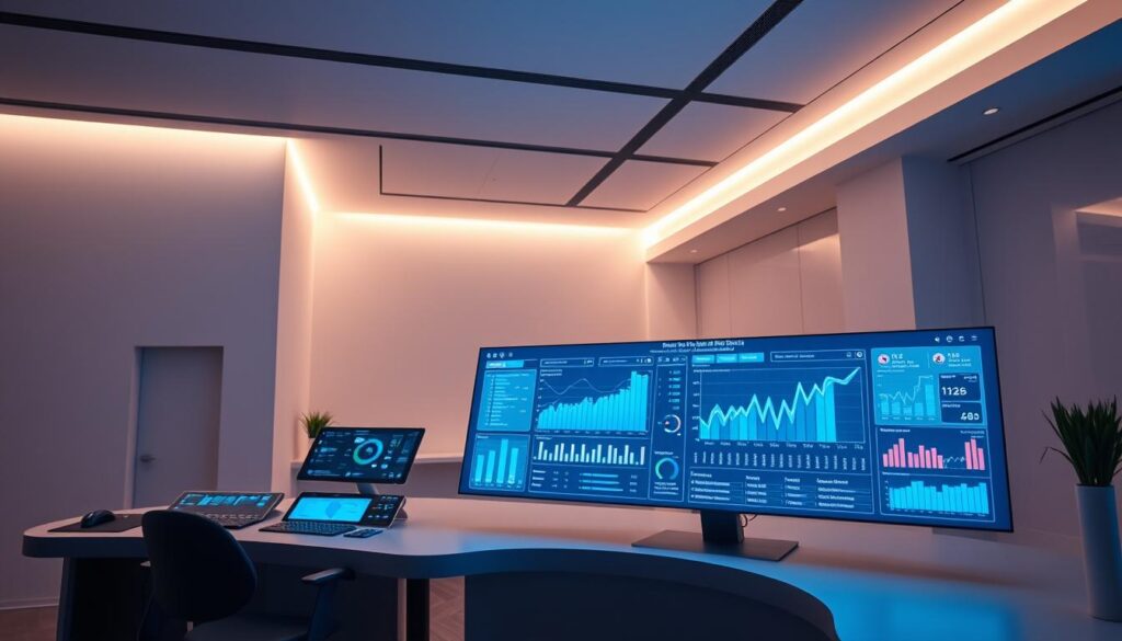 A sleek, futuristic data insights dashboard illuminated by soft, ambient lighting. The foreground features a large, central display presenting real-time analytics, with interactive visualizations and charts reflecting the latest business metrics. In the middle ground, various control panels and input devices allow for seamless data navigation and decision-making. The background showcases a minimalist, high-tech environment with clean lines, muted tones, and subtle architectural details that convey a sense of sophisticated, cutting-edge technology. The overall atmosphere is one of efficiency, clarity, and intuitive data-driven insights, perfectly suited to support critical business decisions.