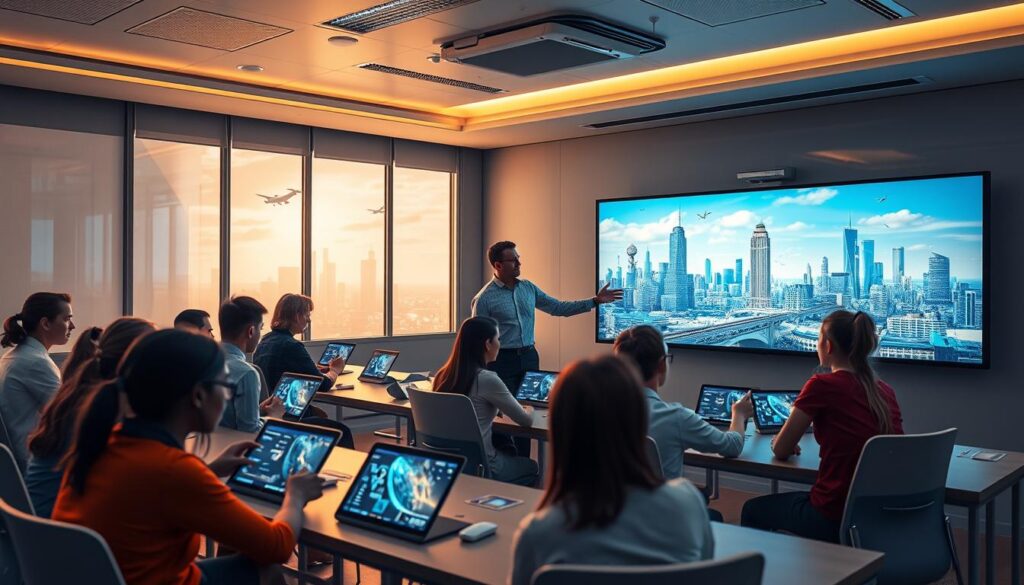 A sleek, modern classroom setting with interactive digital displays and holographic projections. The foreground features students collaboratively using AI-powered learning tools on their tablets and laptops, immersed in an engaging, gamified learning experience. In the middle ground, an instructor oversees the class, using voice commands and gesture controls to manipulate dynamic visualizations on a large touchscreen panel. The background depicts a panoramic view of a futuristic cityscape, with towering skyscrapers and flying vehicles, symbolizing the integration of advanced technology into the educational landscape. The lighting is warm and inviting, creating a sense of productivity and innovation. The overall atmosphere conveys the transformative power of AI-driven learning platforms.