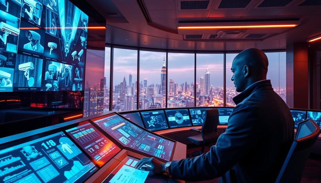 A sleek, modern control center with holographic displays and interactive interfaces. In the foreground, an operator interacts with a touchscreen panel, monitoring real-time security data. The middle ground features a bank of high-resolution surveillance screens, showcasing various security camera feeds. In the background, a large, panoramic window offers a cityscape view, emphasizing the integration of AI-driven tools within the urban landscape. Dramatic lighting casts a warm, futuristic glow, creating an atmosphere of cutting-edge technology and heightened security awareness.