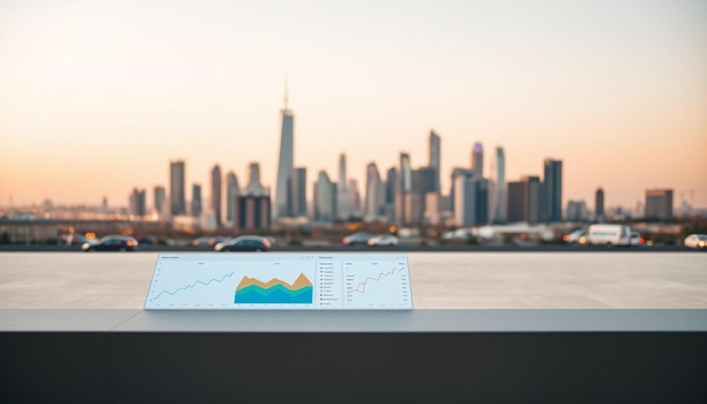 A sleek, modern data dashboard illuminates the foreground, its crisp visualizations and intuitive interface conveying the power of data-driven insights. The middle ground features a bustling city skyline, reflecting the dynamic, fast-paced environment in which these insights are applied. In the background, a serene, minimalist landscape provides a sense of balance and contemplation, suggesting the thoughtful analysis that underlies the data-driven decision-making. Warm, diffused lighting casts a sense of clarity and focus, while a shallow depth of field draws the viewer's attention to the central data dashboard. The overall scene evokes a harmony between technology, urban progress, and strategic contemplation - the hallmarks of data-driven insights driving organizational performance.