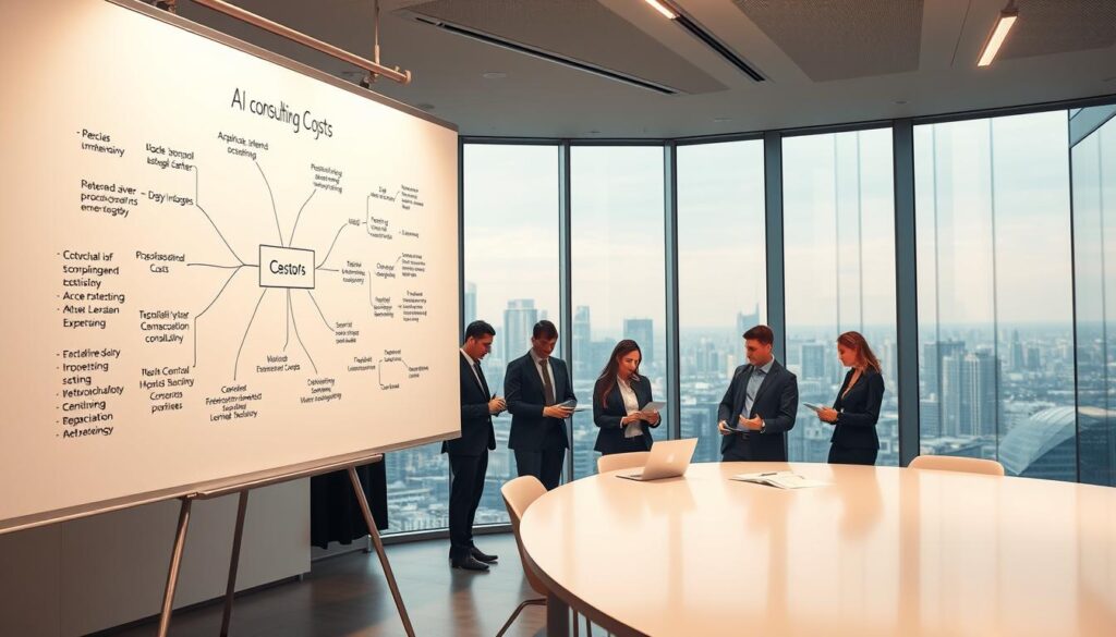 A sleek, modern office interior with a large whiteboard in the foreground, displaying a mind map of factors influencing AI consulting costs. In the middle ground, a group of business professionals in formal attire engaged in a collaborative discussion, examining financial data and cost projections on their laptops. The background features a panoramic city skyline visible through floor-to-ceiling windows, bathed in warm, soft lighting that creates a sense of professionalism and thoughtfulness. The overall atmosphere conveys the complexity and importance of understanding the key drivers of AI consulting expenses to make informed investment decisions.