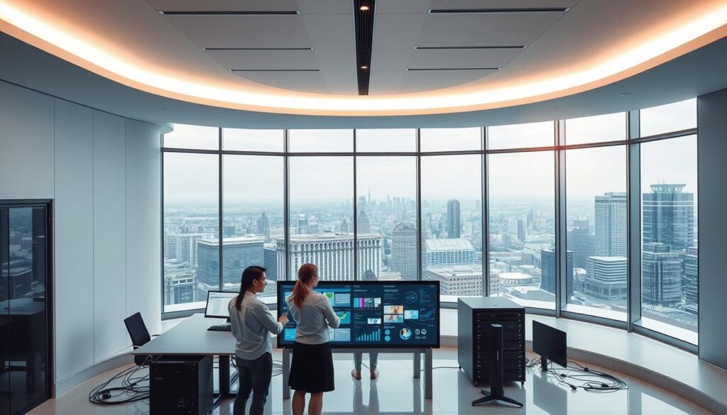 A sleek, modern office interior with clean lines and sophisticated design. In the foreground, a team of professionals collaborating around a large touchscreen display, seamlessly integrating various software applications and data sources. The middle ground features a network of interconnected devices and servers, representing the robust infrastructure powering the system integration solutions. In the background, a panoramic window overlooking a bustling city skyline, conveying a sense of progress and innovation. Subtle yet powerful lighting accentuates the clean, minimalist aesthetic, creating an atmosphere of efficiency and technological prowess.