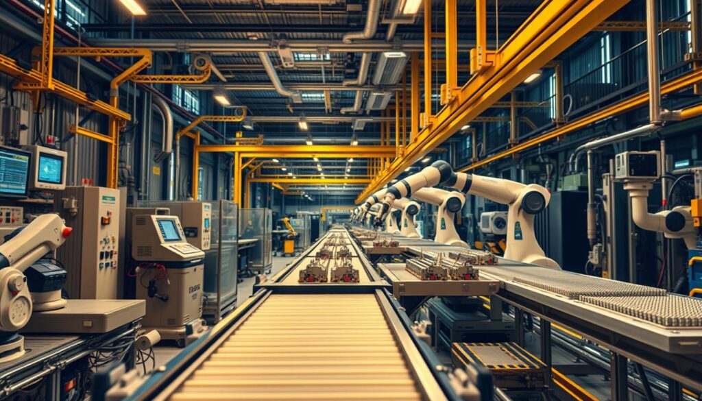 A sophisticated, highly detailed manufacturing facility, with state-of-the-art automated vision systems. In the foreground, a conveyor belt transports precision-engineered components, monitored by a network of high-resolution cameras and advanced computer vision algorithms. In the middle ground, robotic arms gracefully assemble intricate products, guided by real-time object detection and pattern recognition. The background showcases a complex web of sensors, control panels, and data displays, providing a comprehensive view of the entire production process. Warm, diffused lighting illuminates the scene, creating a sense of efficiency and technological prowess. The atmosphere is one of seamless integration between human expertise and cutting-edge machine intelligence, exemplifying the power of AI-driven manufacturing optimization.