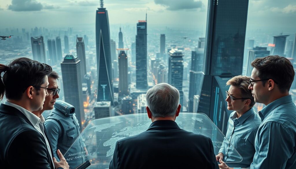 A sprawling futuristic cityscape with towering skyscrapers and shimmering glass facades. In the foreground, a group of business executives gathered around a holographic display, deep in discussion as they chart their custom AI strategies for growth. Soft, directional lighting illuminates their determined faces, casting dramatic shadows. The background is filled with autonomous vehicles, drones, and advanced technology, hinting at the boundless possibilities of AI-driven innovation. An atmosphere of collaboration, innovation, and forward-thinking pervades the scene, capturing the essence of "Customized AI Strategies for Business Growth".