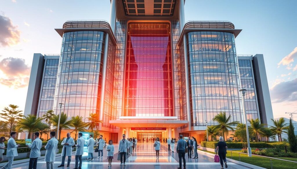 A state-of-the-art hospital complex stands tall, its sleek, futuristic architecture adorned with gleaming glass and steel. In the foreground, a team of healthcare professionals utilizes cutting-edge medical technologies, seamlessly integrating AI-powered diagnostics and personalized treatment plans. The middle ground features a bustling lobby, where patients and visitors interact with holographic receptionists and navigate intelligent wayfinding systems. In the background, lush green spaces and renewable energy sources hint at the building's sustainable, environmentally-conscious design. The entire scene radiates a sense of efficiency, innovation, and a deep commitment to delivering the highest quality of patient-centric care.