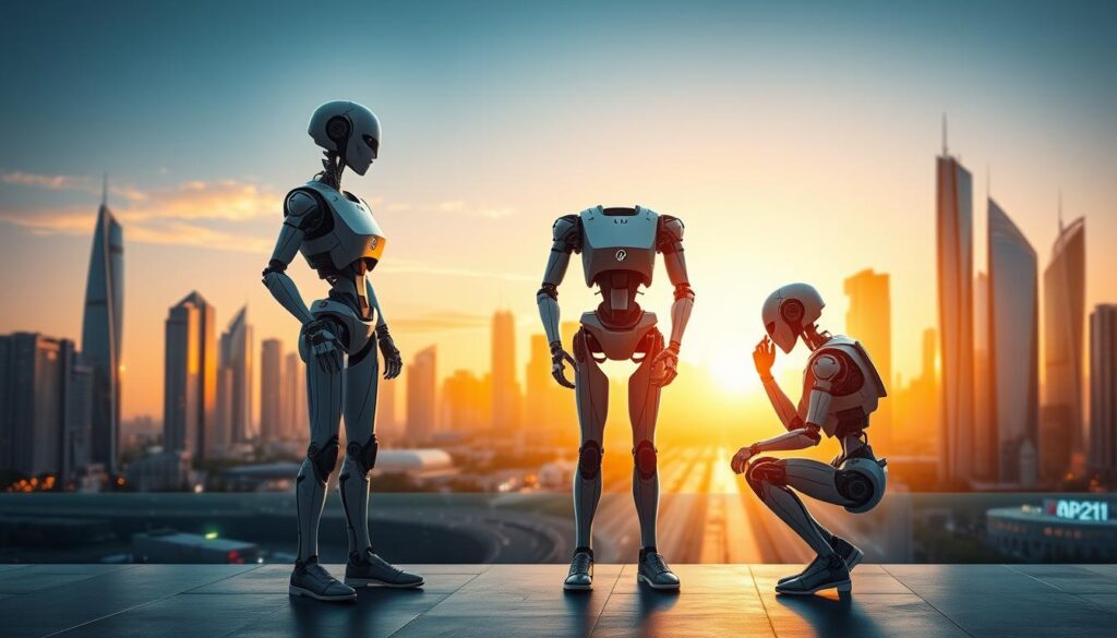 A strategic automation partnership between two AI agents, one standing tall and confident, the other crouched in contemplation. The scene is bathed in warm, golden light, creating an atmosphere of collaboration and innovation. In the background, a sleek, futuristic city skyline with towering skyscrapers reflects the technological prowess of this dynamic duo. The agents' body language conveys a shared purpose, as they work in harmony to implement AI solutions, their connection forged through mutual understanding and a commitment to excellence.