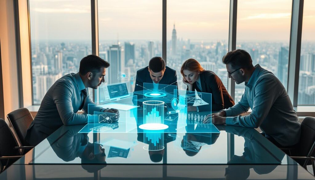 A team of AI experts in a modern, minimalist office setting, using cutting-edge technology to strategize and plan an AI implementation project. Soft, diffused lighting illuminates the scene, creating a calm and focused atmosphere. The consultants are leaning over a sleek, glass-topped table, deeply engaged in discussion, surrounded by floating holographic displays showcasing data visualizations and system architectures. The background features floor-to-ceiling windows, offering a panoramic view of a vibrant cityscape, symbolizing the global reach and impact of their AI implementation expertise.