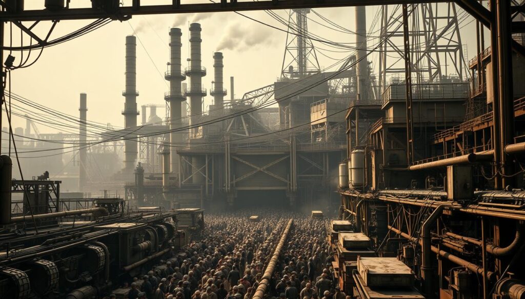 A vast industrial complex, with towering steel structures and smoking chimneys. In the foreground, a crowded assembly line, workers struggling to keep pace with the relentless mechanical demands. Overhead, a tangled web of pipes, cables, and conveyor belts, creating a sense of chaos and overwhelming complexity. The lighting is harsh, casting deep shadows and highlighting the worn, weathered surfaces of the equipment. The color palette is muted, with shades of gray, rust, and grime, conveying the sense of a challenging, high-pressure environment. The mood is one of tension and strain, reflecting the pressures and obstacles faced by modern manufacturing operations.