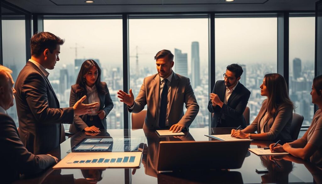 Dramatic boardroom scene with a team of business executives gathered around a table, deep in discussion. Warm, directional lighting casts an aura of focus and intensity. In the foreground, a well-dressed professional stands at the head of the table, hands gesturing emphatically as they present data and analytics on a sleek, high-resolution display. The middle ground features the rapt attention of the executives, leaning in with pens poised, considering the insights. In the background, floor-to-ceiling windows offer a glimpse of a bustling cityscape, underscoring the high-stakes nature of the decisions being made. The overall mood is one of strategic purpose, clarity of vision, and the collective drive to maximize ROI.