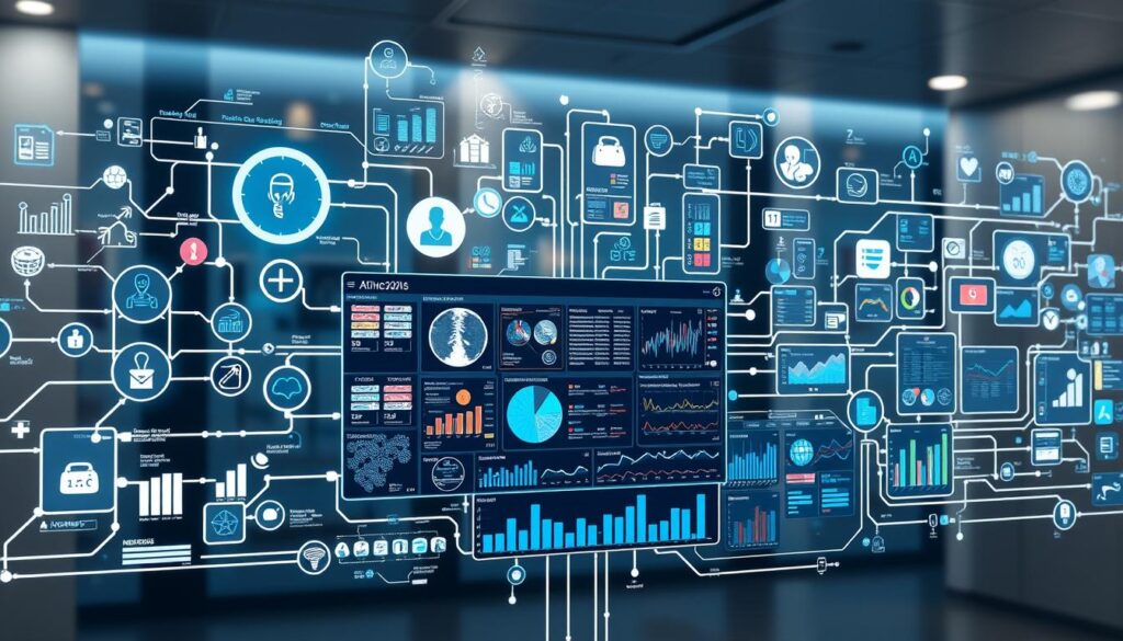 a complex interconnected system of medical data, with various electronic health records, diagnostic imaging, lab results, and patient charts seamlessly integrated and displayed on a sleek, futuristic interface. The foreground features a user navigating the intuitive dashboard, with smooth transitions and dynamic visualizations. The middle ground showcases AI-powered analytics and predictive models, providing valuable insights to healthcare professionals. In the background, a serene, calming environment with soft lighting and soothing tones, conveying the sense of security and trust in the healthcare data management system.