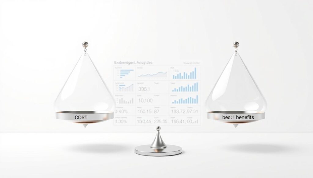 a detailed digital illustration of a cost vs benefits analysis, with a modern, minimalist aesthetic. in the foreground, a pair of balanced scales, one side labeled "cost" and the other "benefits", floating against a plain white background. the scales are made of sleek metal and glass, with clean lines and a polished finish. in the middle ground, a grid of numerical data and graphs visualizing the comparative analysis, rendered in a clear, infographic-style layout. the background features a soft, ethereal glow, creating a sense of depth and emphasis on the analytical elements. the overall composition conveys a sense of objectivity, rationality, and careful consideration of the tradeoffs involved.