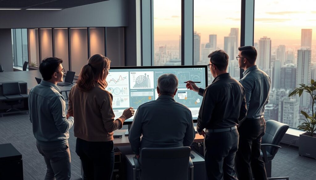 detailed digital illustration of a modern office setting with a team of AI experts collaborating on custom AI business solutions, with a focus on holistic problem-solving, cutting-edge technology, and seamless integration; the foreground features a group of professionals clustered around a large interactive display, engaged in animated discussion and sketching ideas; the middle ground shows an array of hardware components, data visualizations, and project management tools; the background depicts a sleek, minimalist office environment with floor-to-ceiling windows overlooking a cityscape, bathed in warm, directional lighting that creates a sense of professionalism and innovation; the overall mood is one of dynamic, forward-thinking progress.